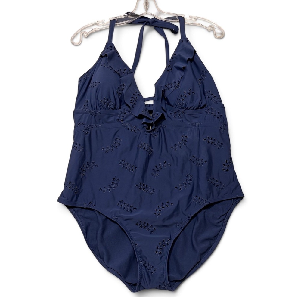 Time and Tru One Piece Swimsuit 1X Navy Women's Eyelet Ruffle Halter